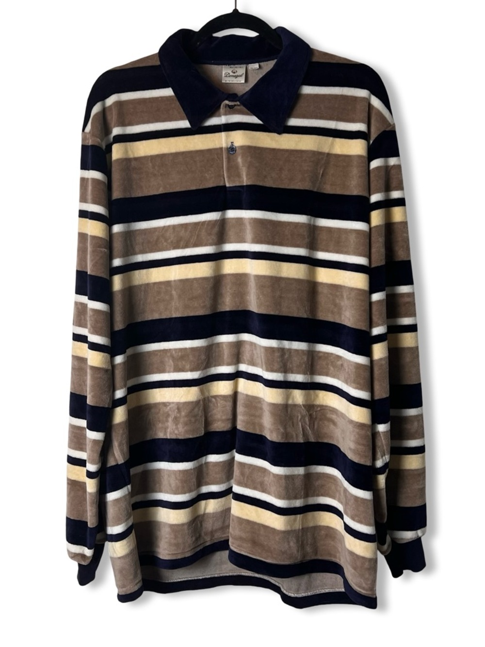 Vtg Donegal Men Striped Velour Polo Shirt Navy Tan Yellow‎ Tall Man Xl 46-48